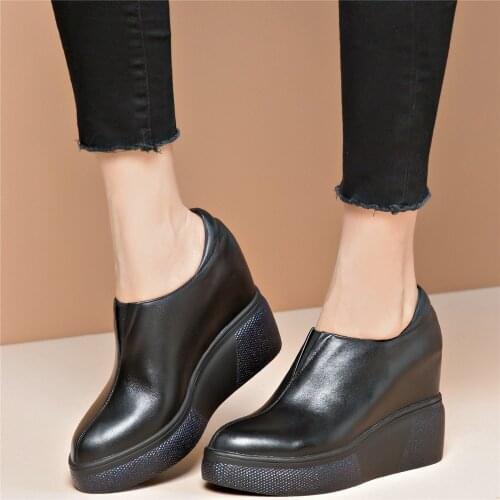 Platform Pumps Shoes Women Genuine Leather Chunky High Heels Ankle Boots Female Round Toe Wedges Fashion Sneakers Casual Shoes