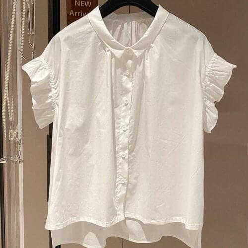 Ruffles Women White Shirts Summer New 2021 O-Neck Flare Sleeved Solid Elegant Female Outwear Tops