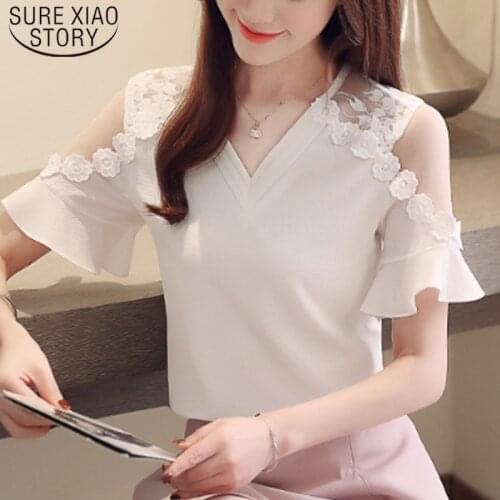 2021 new korean fashion short sleeve lace tops elegant mesh stitching lace chiffon blouse casual women chiffon shirt 4789 50
