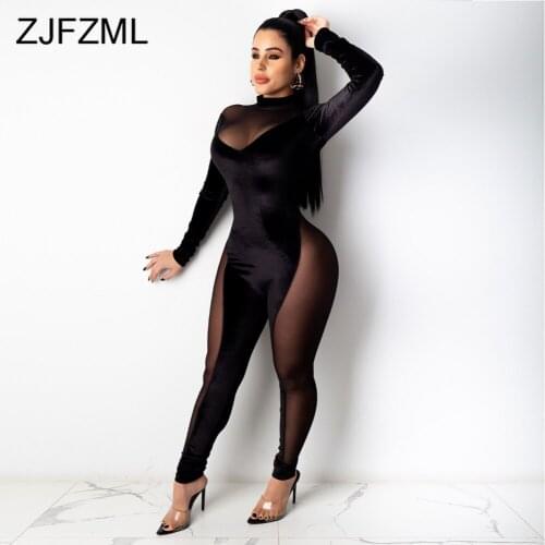 Sheer Mesh Skinny Velvet Rompers Womens Jumpsuit Autumn Fall Clothes 2021 Long Sleeve High Necked See Through Party Club Overall