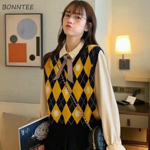 Sweater Vest Women V-Neck Plaid Student Fashion Hot Sale Autumn Knitted Wear All-match Sleeveless Casual Female Clothing Ulzzang