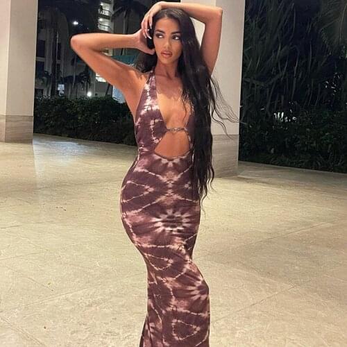 New Womens Sexy Sleeveless Backless Tie Dye Print Cutout Long Dress Casual Halter Bodycon Midi Dress Purple Skin-Friendly S M L