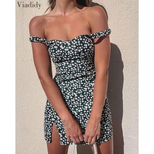 Women Summer Off Shoulder Floral Print Side Slit Mini Dress Sexy Slash Neck Bodycon Dress
