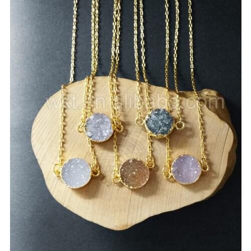 WT-N732 Wholesale Self-design Round Necklace Natural Druzy round stone with gold Eletroplated