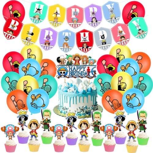 1Set Birthday Balloons Kids Party Decoration Baby Shower Balloons Happy Birthday Banners Anime One Piece Theme Cupcake Toppers