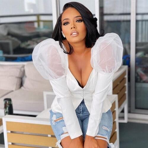 2021 Women Mesh Patchwork Solid Shirt Sexy Deep V Neck Puff Sleecve Top Casual Button Up Blouse Nightclub Party Bodycon S-XXL