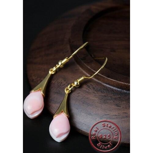 Amxiu Handmade Magnolia Flower Earrings Pink Shell 100% 925 Sterling Silver Drop Earrings For Women Girls Party Accessories