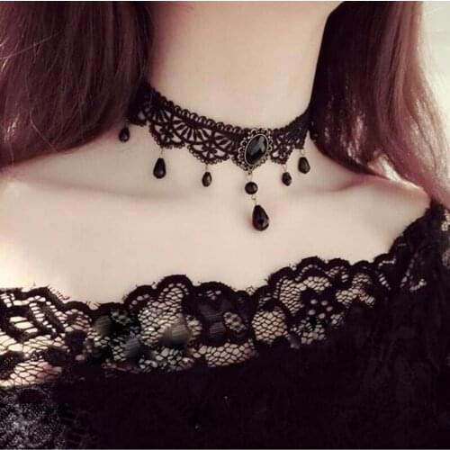 TIMEONLY Hyperbole Black Hollow Lace Edge Crystal Choker Necklaces for Women Diablo Cloth Chain Cahrms Necklace Party Gifts