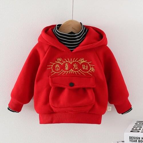 Kids Girls Plus Velvet Warm Hooded Sweater Toddler Boys New Years Red Sweatershirt Children Christmas Clothing