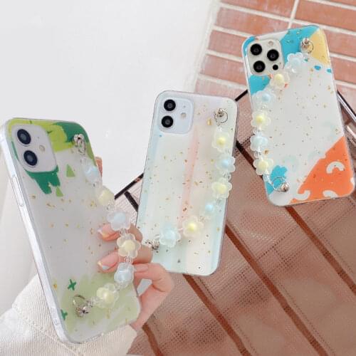 Epoxy Glitter Sequins Wrist Strap Flower Chain Phone Case for iPhone 12 11 Pro XS Max Wristband Hand Holder Fresh Color Cover