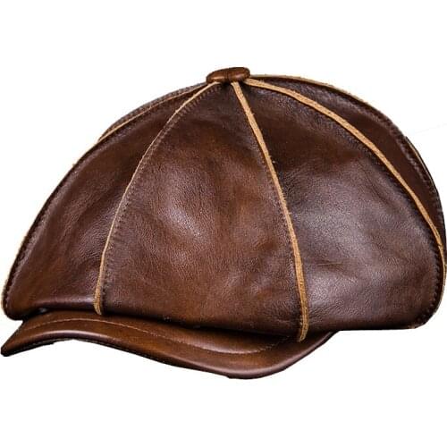 Men Leather Newsboy Cap Genuine Leather Winter Warm Octagonal Cap For Men Brown Black Outdoor Retro Male Leather Beret NZ124
