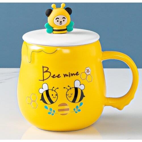 New kawaii bee yellow ceramic mug coffee cup with lid spoon couple breakfast cup student milk cup cute holiday gift for friends