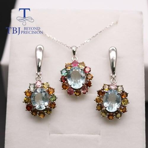 TBJ 925 sterling silver natural aquamarine ring earrings pendant jewelry set oval 8*10mm 925 sterling silver fine jewelry