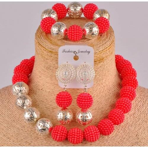 Red costume necklace african set simulated pearl nigerian beads jewelry set FZZ89