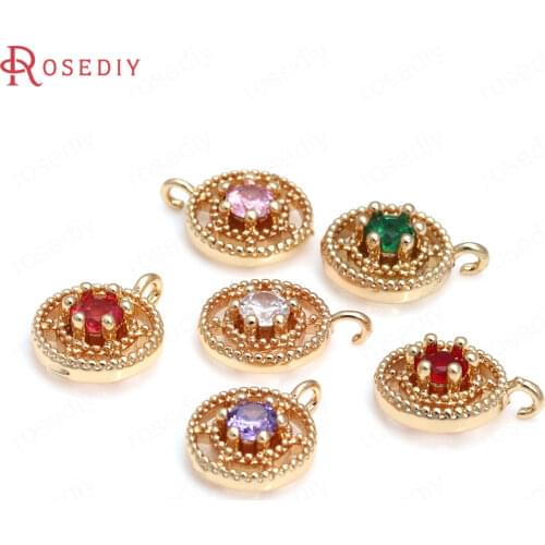 20PCS 8MM 24K Champagne Gold Color Brass and Zircon Round Charms Pendants Jewelry Making Supplies Diy Findings Accessories