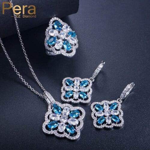 Pera Fashion Ladies Party Jewelry Sets Big Oval Shape Light Blue Cubic Zirconia Long Flower Pendant Necklace Earrings Ring J263