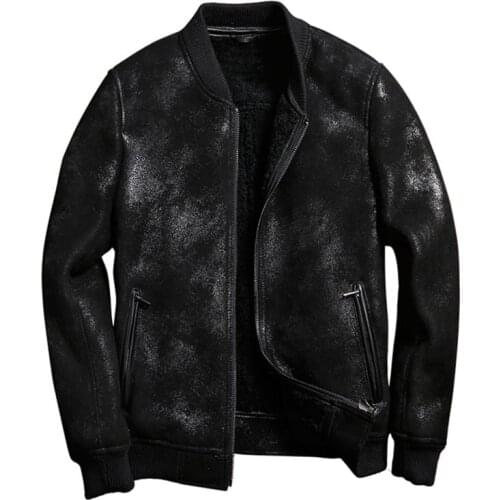 Mens Shearling Coat Mens Fur Coat Short Style Baseball Sheepskin Pilot Leather Jacket Motorcycle Jacket