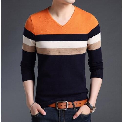 2020 New Fashion Brand Sweaters Men Pullover Warm Slim Fit Jumpers Knit V Neck Striped Autumn Korean Style Casual Mens Clothes