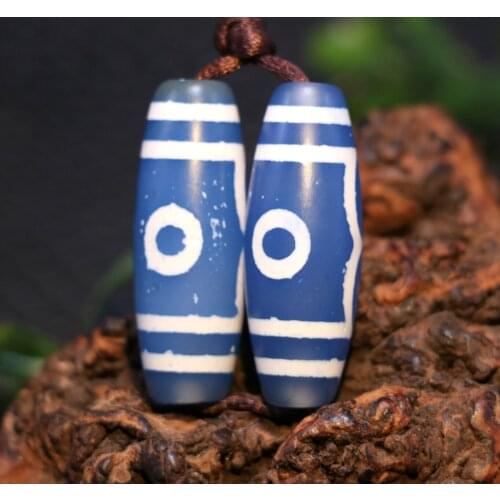 No.210402A13 A Pair of Magic Power Tibetan Old Agate Blue Color Tiger Tooth 3 Eye dZi Bead Timestown Saurce Top Quality Promise