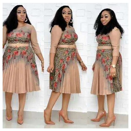 New elegent fashion style african women summer plus size printing dress L-2XLnude dress Pleated flower belt elegant long sleeve