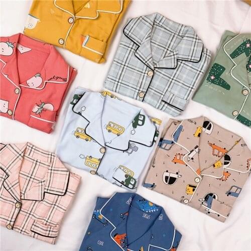 2021 British Style Fashion Children Sleep Wear Colorful Printed Pajama Sets for Baby Girl Pink Blue Grid Cute Clothes Set
