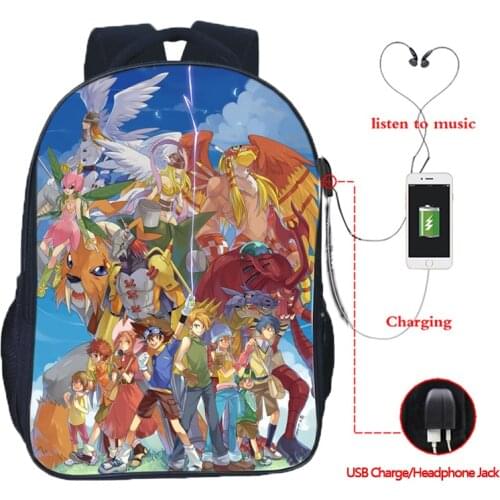 Boys Girls Digimon Adventure Digital Monster Backpack School Bag Teens Bookbag Knapsack Men Bagpack USB Charging Laptop Rucksack