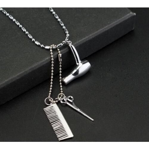 Silver Hair Stylist Dryer Scissor Comb Chain Pendant Necklace Jewelry