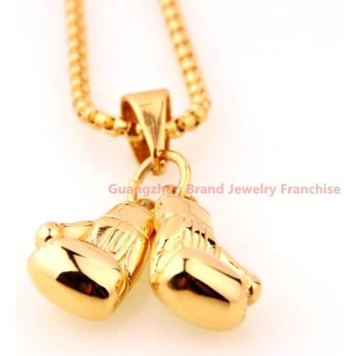 High Polishing Fa shionJewelry 316L Stainless Steel Gold color Boxing Glove Pendant Neklace 2pcs/Set Mens Best Gift
