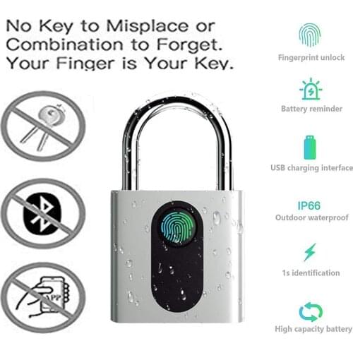 Fingerprint Padlock Smart Security Lock with USB Charge, IP66 Waterproof Anti-Theft Keyless Padlock Suitable for House Door