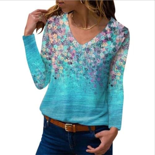 2021 Fall/winter New v Neck printed long sleeve womens t shirt