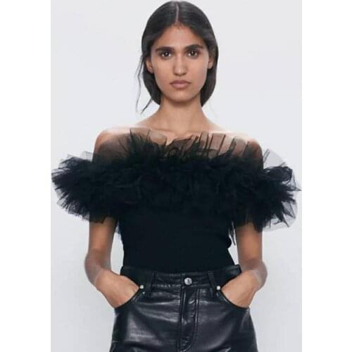 New Black Ruffles Tulle Short Women Tops Summer Blouse 2020 Off The Shoulder Fashion Female Top Custom Made