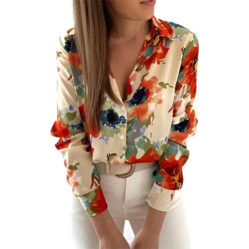 Slim Women Shirt Floral Print Single-breasted 2021 Autumn Blouse Lapel Long Sleeve Shirts Top Streetwear