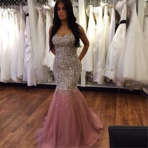 2019 Bling Bling Mermaid Prom Dress with Heavy Crystal Beads by Hand Rhinestone Sweetheart Tulle Women Formal Long Prom Dresses