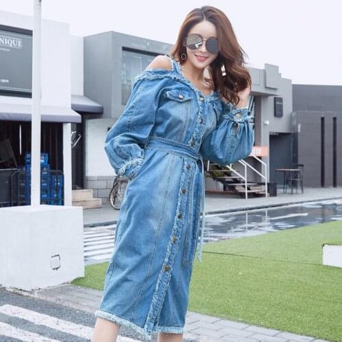 S-XL new autumn spring long wrap hip off shoulder long sleeve denim dress lady summer holiday casual leisure midi dress