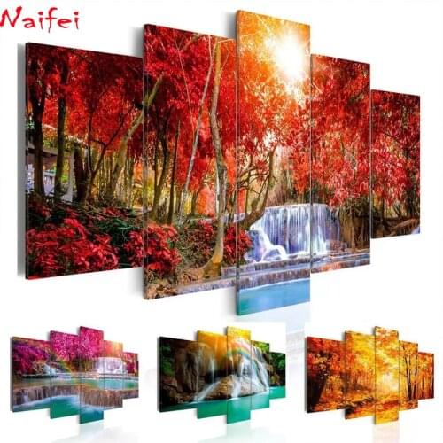 Diamond Embroidery 5 Panel Beautiful Waterfall Landscape 5d Diy Diamond Painting cross stitch full drill Diamond Home Decoration