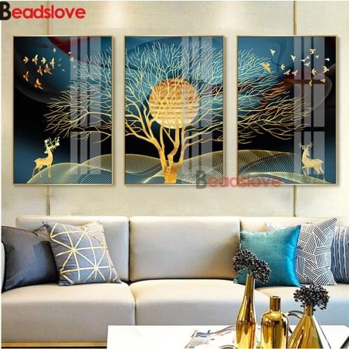 DIY Diamond Painting Cross Stitch Square round Diamond Embroidery 3 Pieces Golden Abstract Deer Tree Bird Room Decor