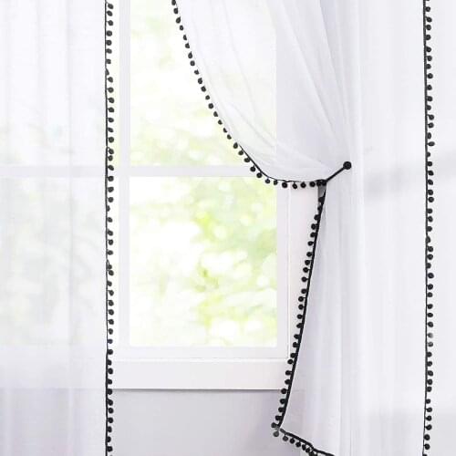 Pompom Sheer White Curtains for Living Room Linen Textured Window Black pom pom Tulle Curtain Draperies for Bedroom Kids Room