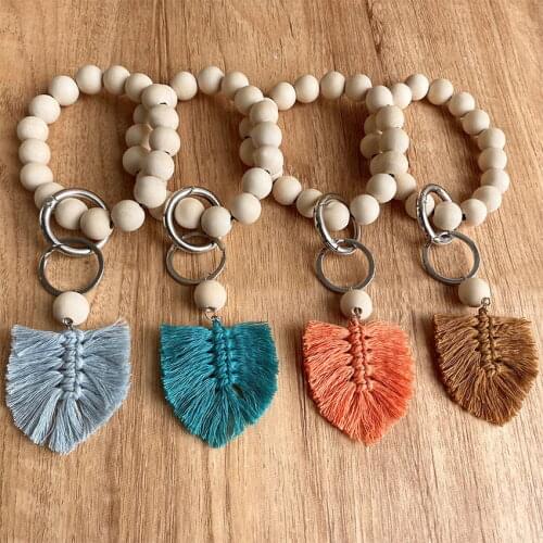 Wooden Ball Beads Cotton Macrame Tassel Keychain Bracelets Bangles Keyring for Women Car Keys Accessories New Wholesale
