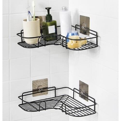Bathroom Kitchen Punch Corner Frame Wrought Iron Shower Shelf Shampoo Storage Holder with Suction Cup Bathroom Accessories