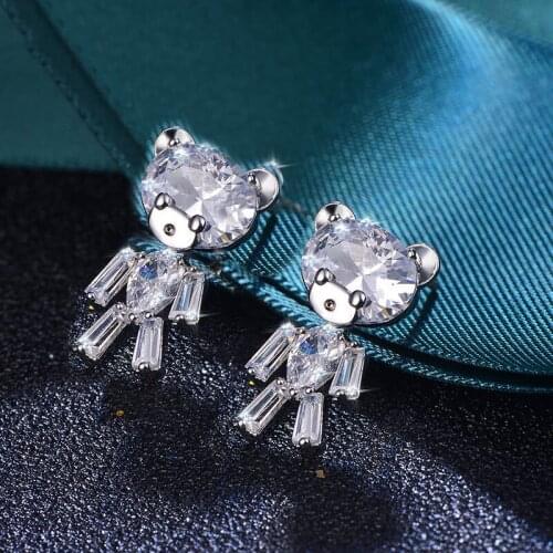 Cute bear CZ Crystal Cubic Zirconia Stud Earrings for Women Girls S925 Silver Needles