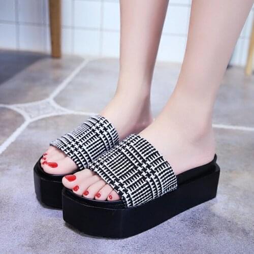 Summer new fashion lattice thick bottom slippers wild wedge sandals and slippers soft bottom sandals