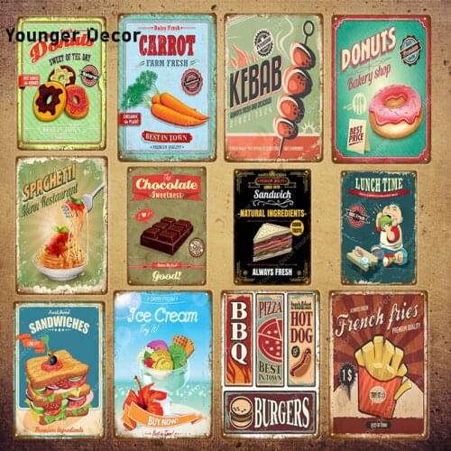 Sandwich Donuts Metal Signs French Fries Popcorn Burger Vintage Poster Bar House Cafe Home Decor BBQ Grill Party Plaque YI-077