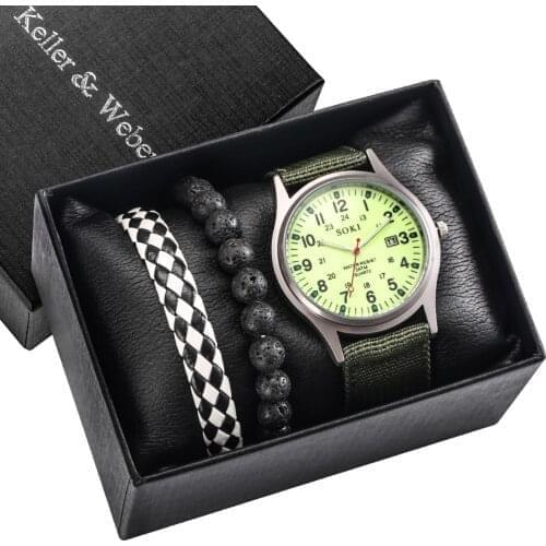 Men Wrist Watches Gift Set Cool Green Digital Dial Quartz Watch Classic Bead Braided Bracelets Top Fashion for Boyfriend Husband