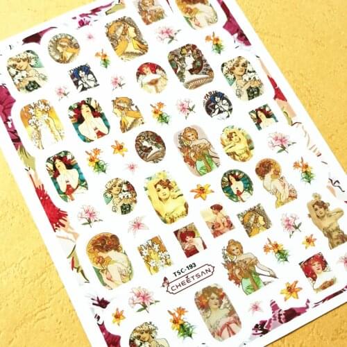 Newest TSC193 Mucha style pattern 3D nail sticker decal back gule DIY nail manicure decoration accessory