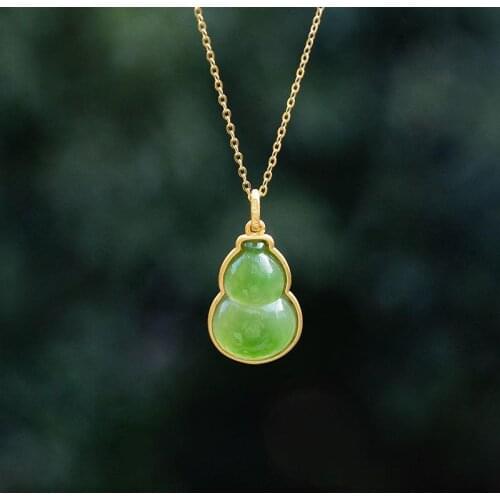 Qinglu Natural Hetian Jade Green Jade Calabash Pendent S925 Sterling Silver Jade Necklace Exorcising and Fortune Drawing Birthda