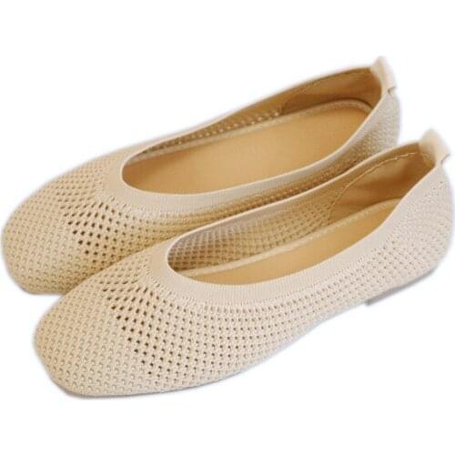 Summer Hollow Sandals Ballet Flats Women Casual Knit Fabric Stretchy Square Toe Flat Heel Boat Shoes Spring