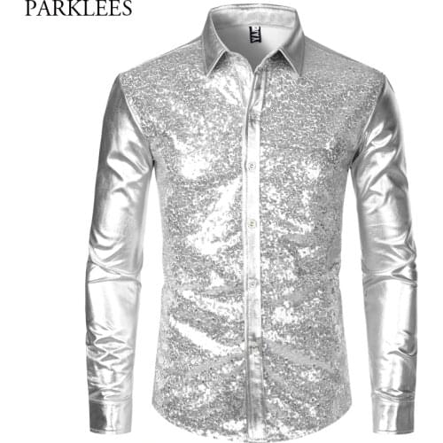Silver Metallic Sequins Glitter Shirt Men 2019 New 70s Disco Party Halloween Costume Chemise Homme Stage Performance Shirt Male