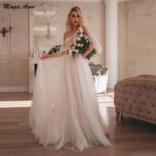 Magic Awn Off The Shoulder Beach Wedding Dresses Polka Dots Tulle Short Sleeves Sweetheart Wedding Party Gowns Bohemian Vestidos