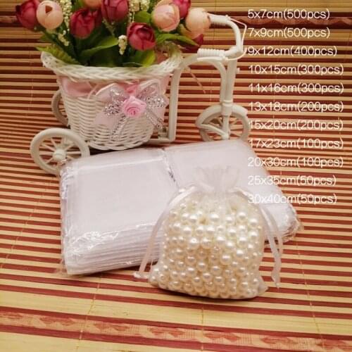 50-500 White Bolsa Organza Bag Wedding Decoration Organza Bag Organza Drawstring Pouch For Jewelry Packaging Display Jewelry Bag