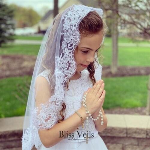 European and American wedding flower girl veil embroidery lace white ivory comb elbow length catholic veil